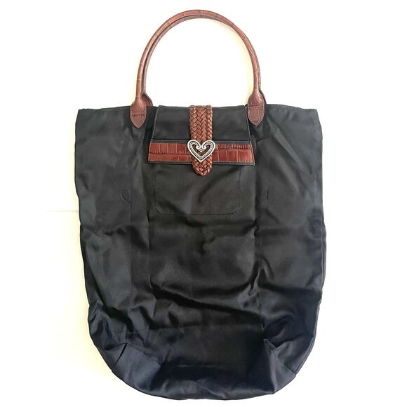 Brighton Silver Heart Brown Leather Handles Black Nylon Long Tote Bag - Picture 1 of 16